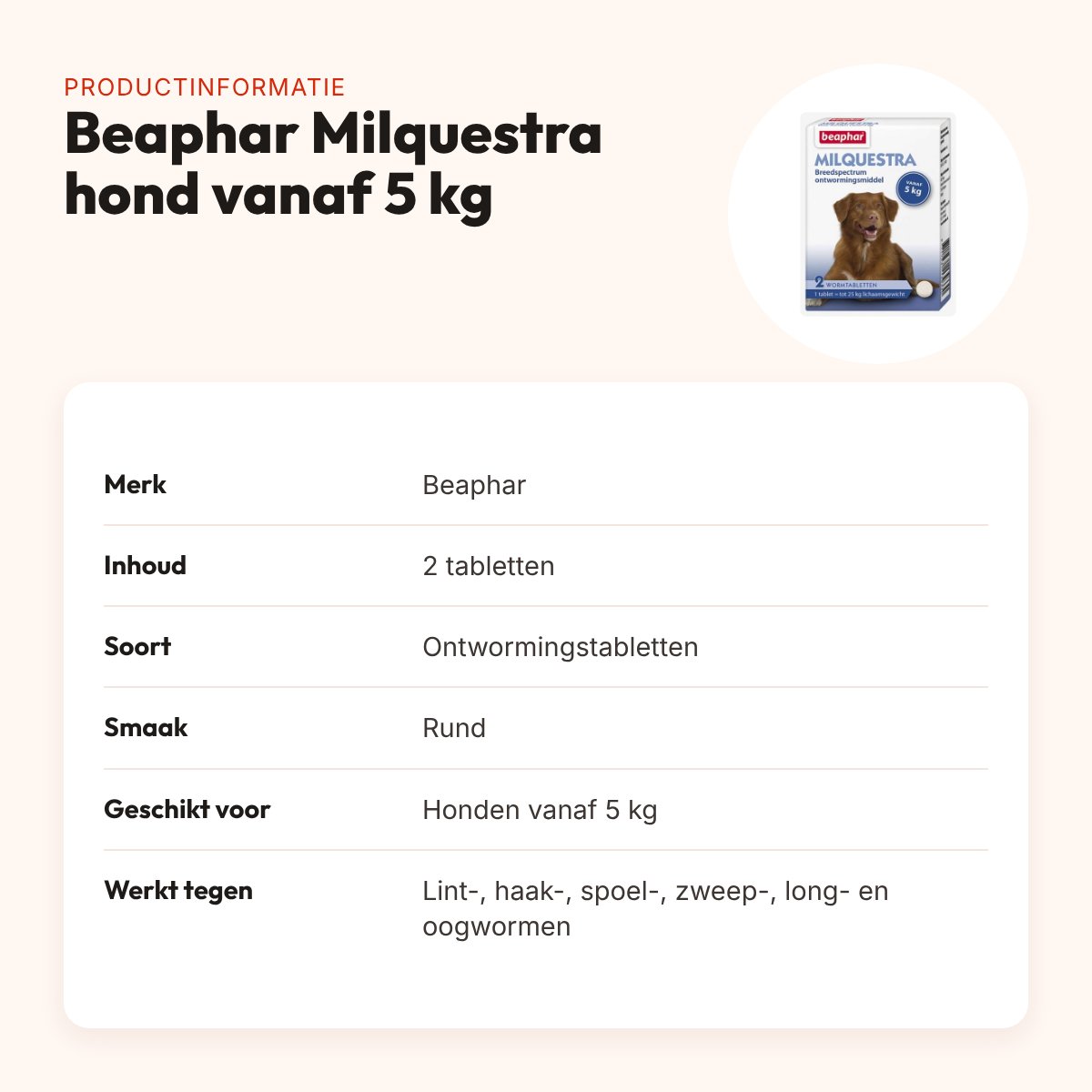 Beaphar Milquestra ontwormingstabletten hond vanaf 5 kg rundvlees – 2 stuks – productinformatie