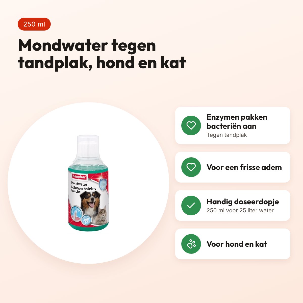 Beaphar mondwater 250 ml – enzymen, voor hond en kat – voordelen