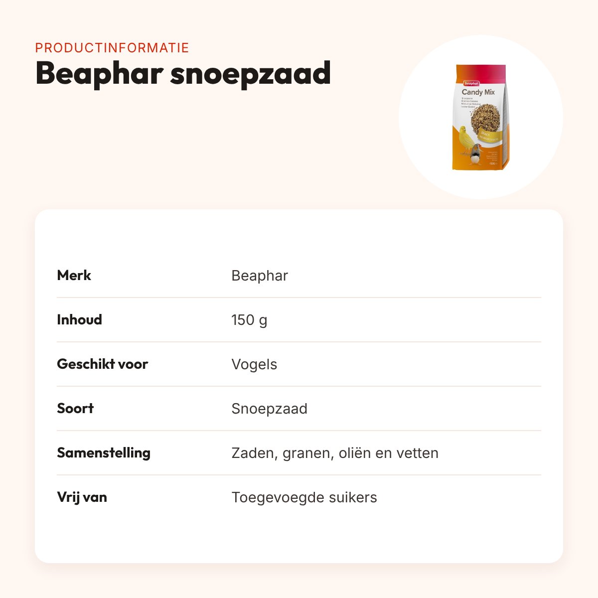 Beaphar snoepzaad vogels 150 g – zonder toegevoegde suikers – productinformatie