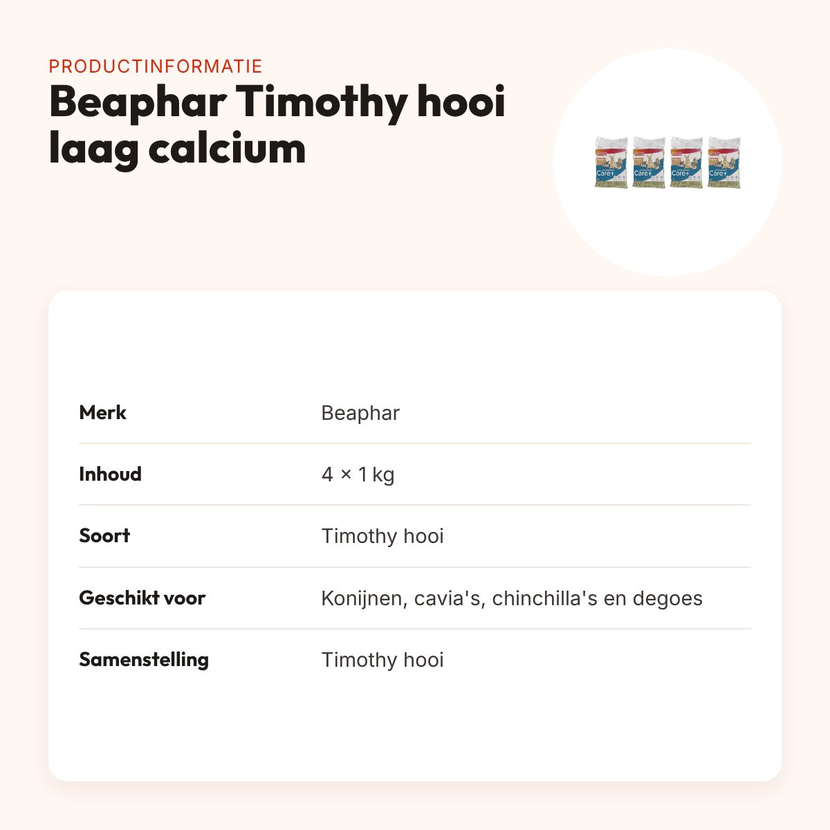 Beaphar Timothy hooi laag calcium 1 kg – multipack 4 stuks – productinformatie