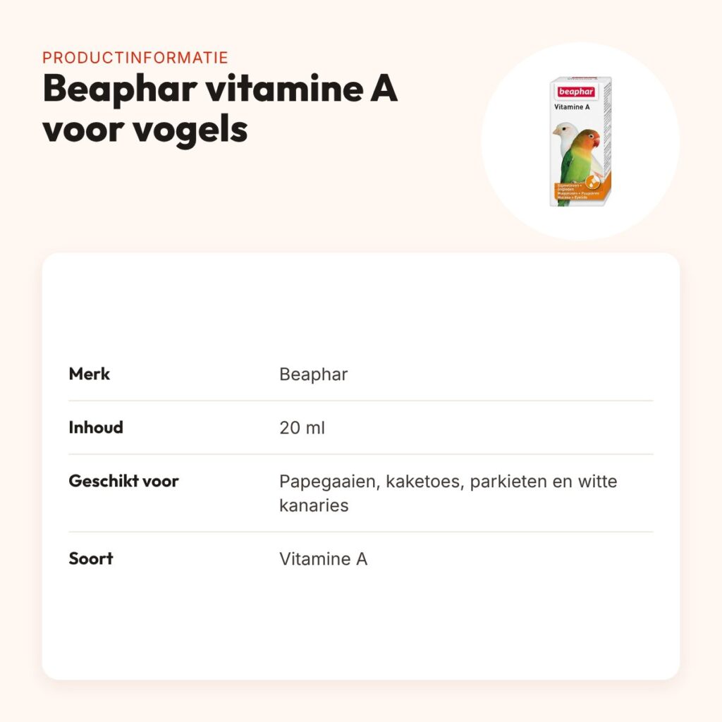 Beaphar vitamine A voor vogels 20 ml – papegaaien, kaketoes en parkieten – productinformatie
