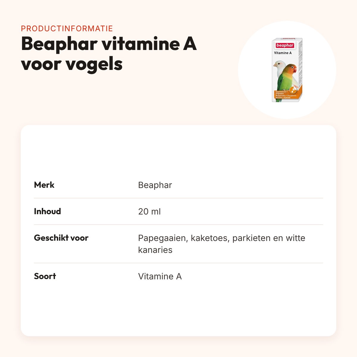 Beaphar vitamine A voor vogels 20 ml – papegaaien, kaketoes en parkieten – productinformatie