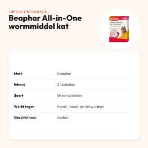 Beaphar wormmiddel kat All-in-One 2 tabletten – rond-, haak- en lintwormen – productinformatie