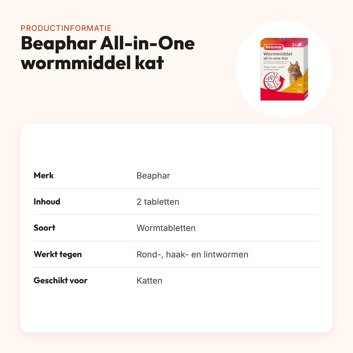 Beaphar wormmiddel kat All-in-One 2 tabletten – rond-, haak- en lintwormen – productinformatie