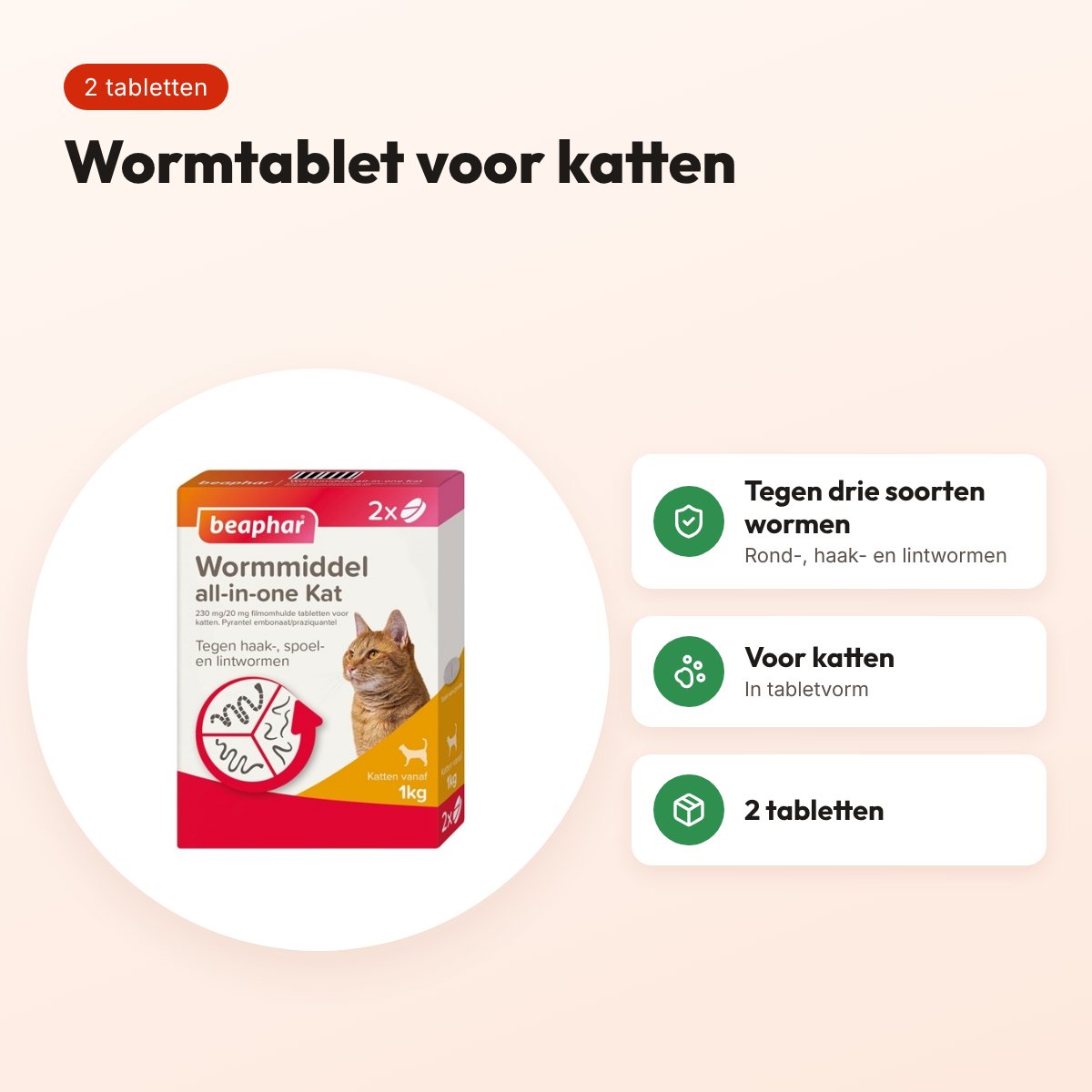 Beaphar wormmiddel kat All-in-One 2 tabletten – rond-, haak- en lintwormen – voordelen