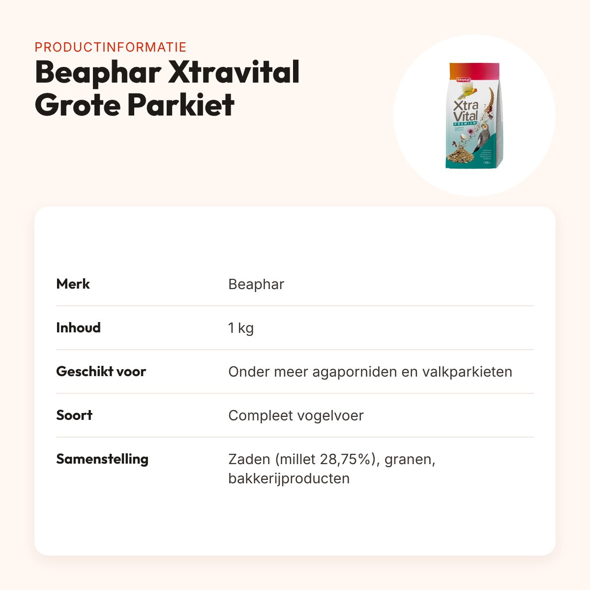 Beaphar Xtravital parkietenvoer Grote Parkiet 1 kg – productinformatie