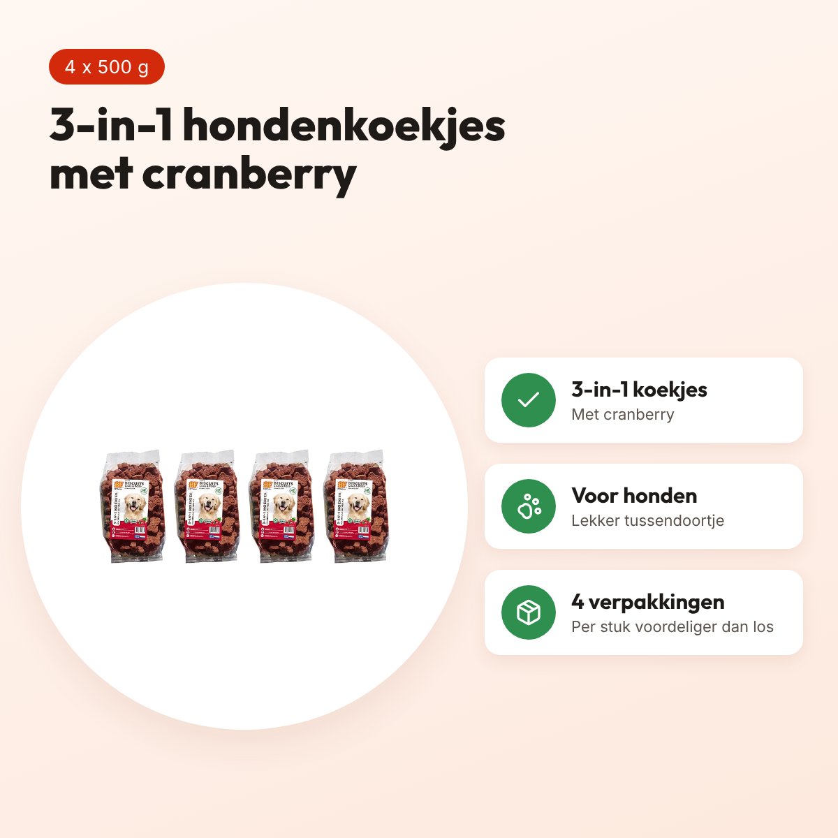 BF Petfood 3-in-1 hondenkoekjes cranberry 500 g – multipack 4 stuks – voordelen