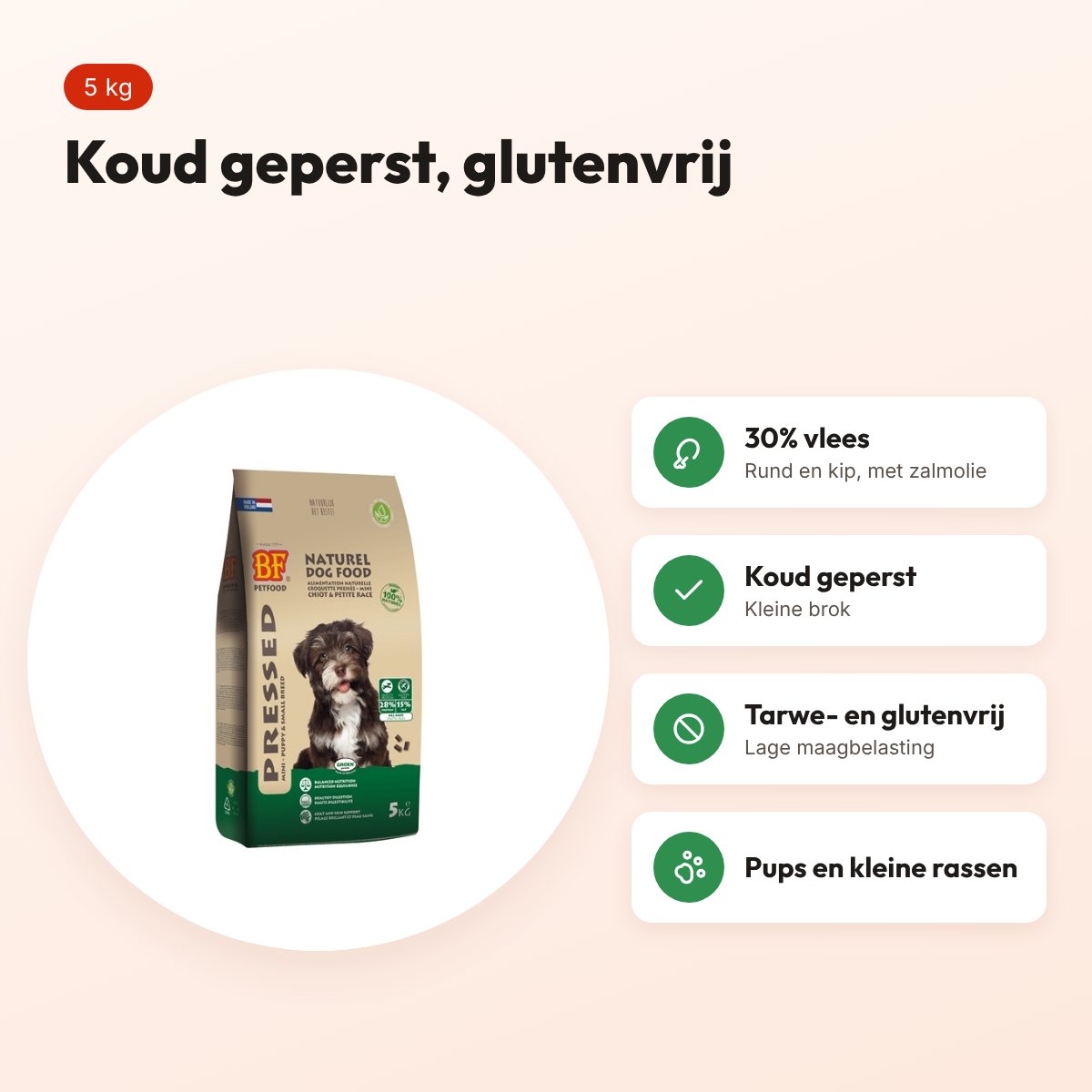 BF Petfood geperst hondenvoer Puppy en kleine rassen 5 kg – glutenvrij – voordelen