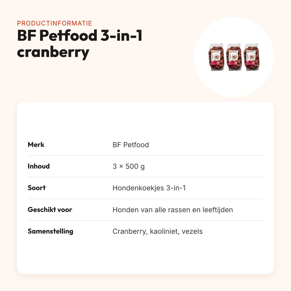 BF Petfood hondenkoekjes 3-in-1 cranberry 500 g – multipack 3 stuks – productinformatie