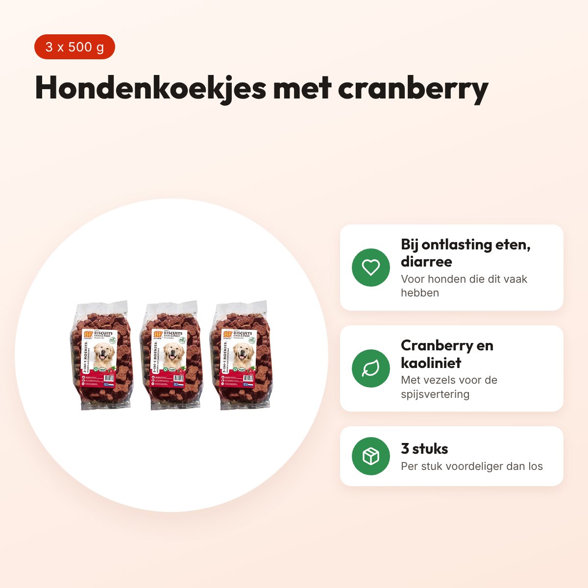 BF Petfood hondenkoekjes 3-in-1 cranberry 500 g – multipack 3 stuks – voordelen