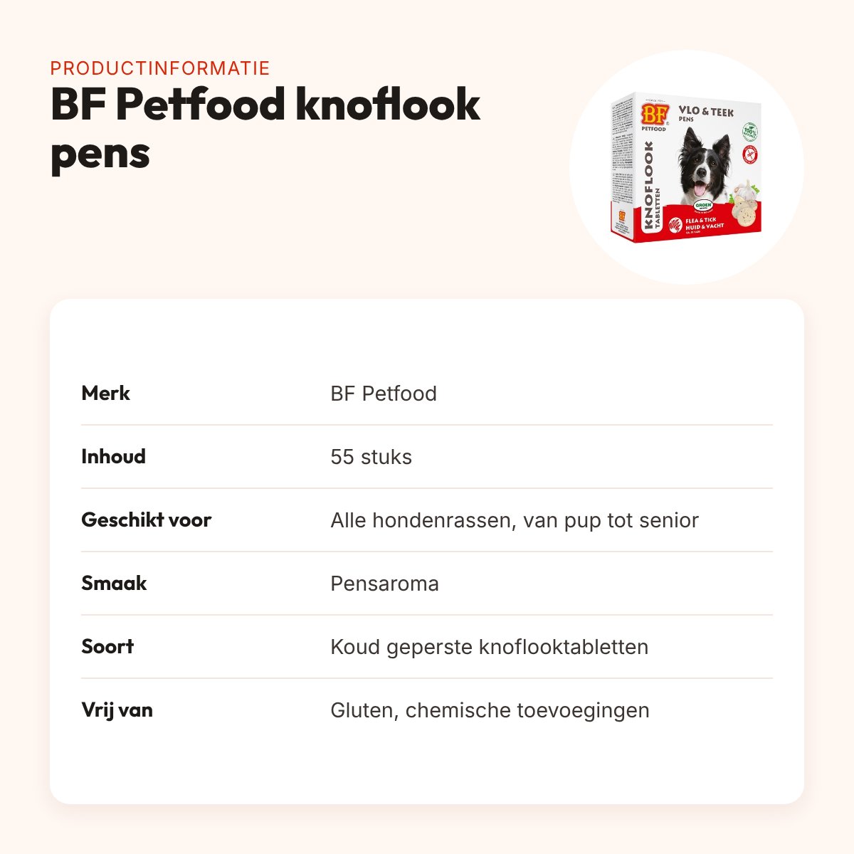 BF Petfood hondensnoepjes knoflook pens 55 stuks – glutenvrij – productinformatie