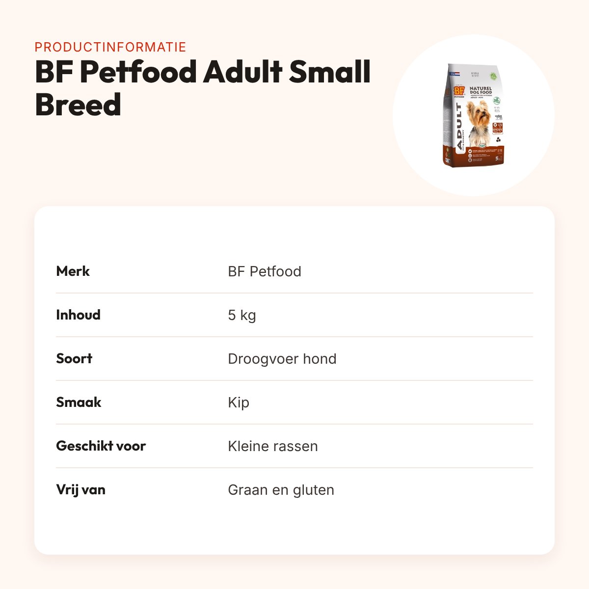 BF Petfood hondenvoer Adult Small Breed 5 kg – kip, graanvrij – productinformatie