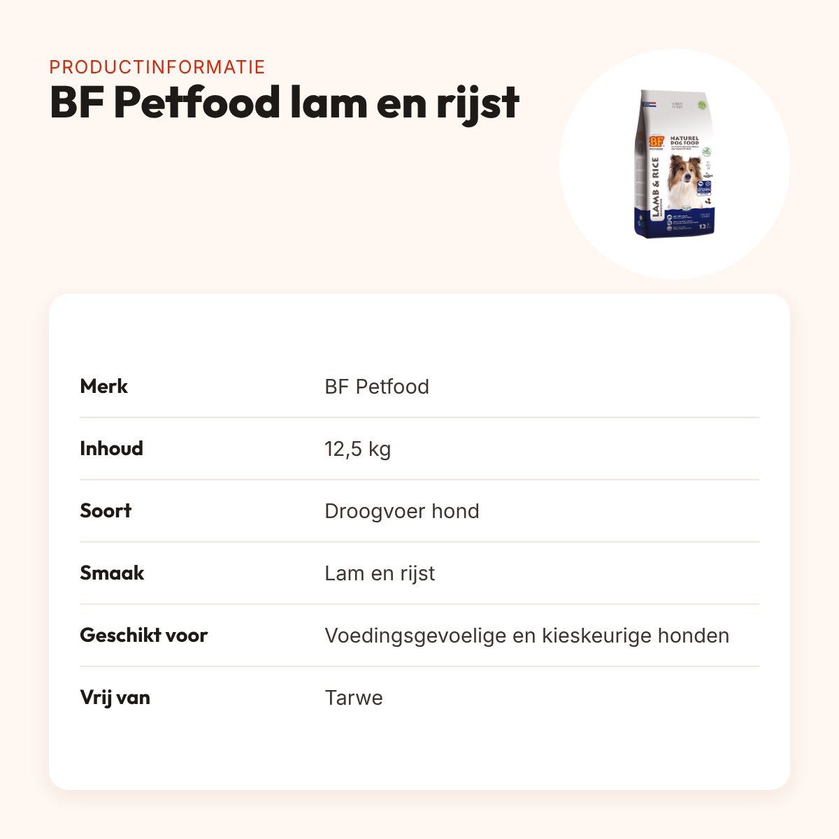 BF Petfood hondenvoer lam en rijst 12,5 kg – tarwevrij – productinformatie