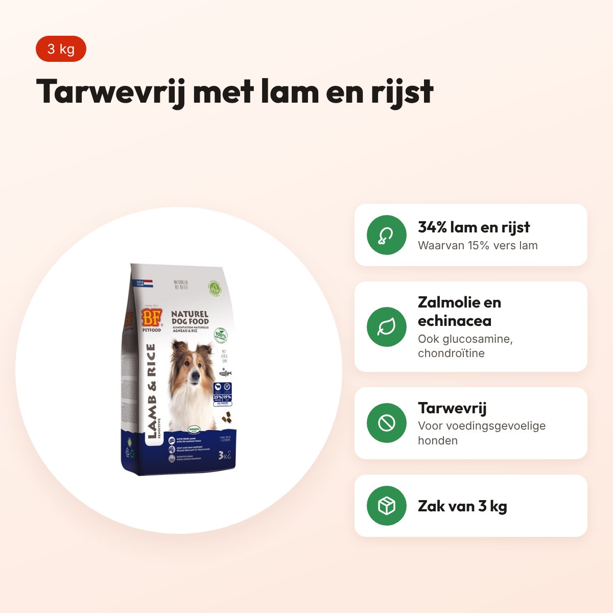 BF Petfood hondenvoer lam en rijst 3 kg – tarwevrij – voordelen