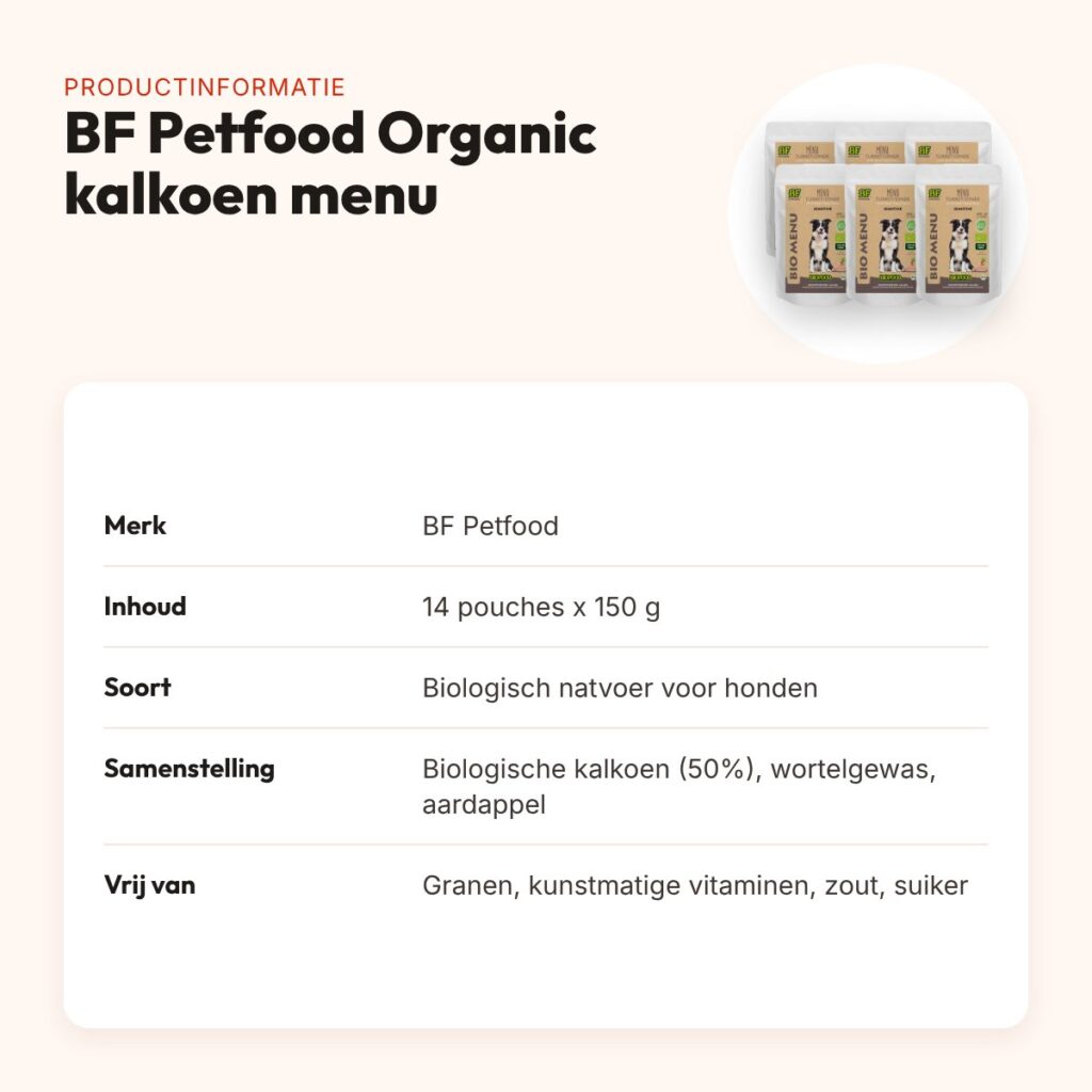 BF Petfood hondenvoer Organic kalkoen menu pouch 14 x 150 g – biologisch – productinformatie