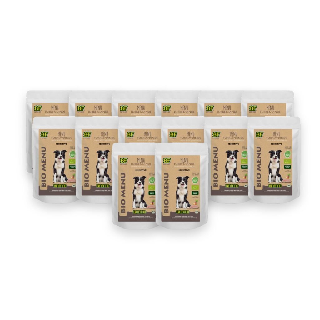 BF Petfood hondenvoer Organic kalkoen menu pouch 14 x 150 g – biologisch – verpakking