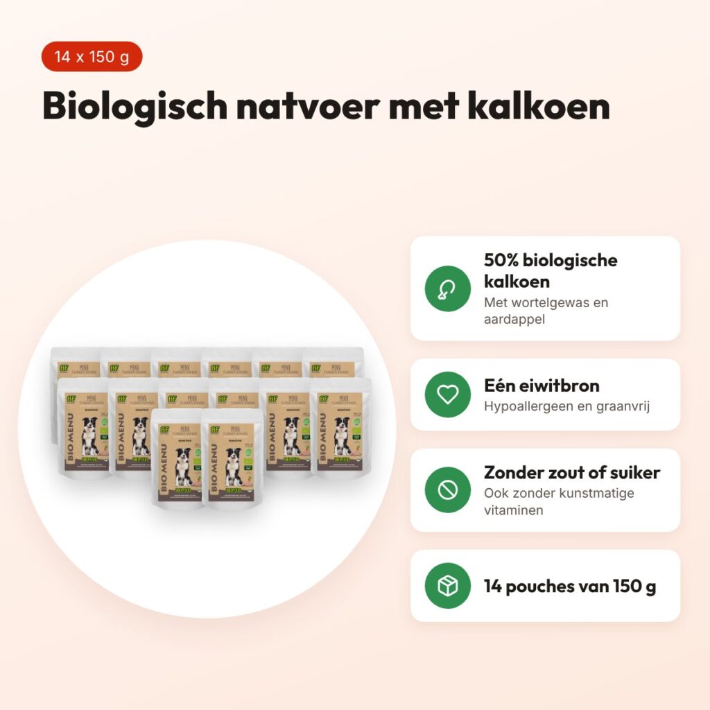 BF Petfood hondenvoer Organic kalkoen menu pouch 14 x 150 g – biologisch – voordelen