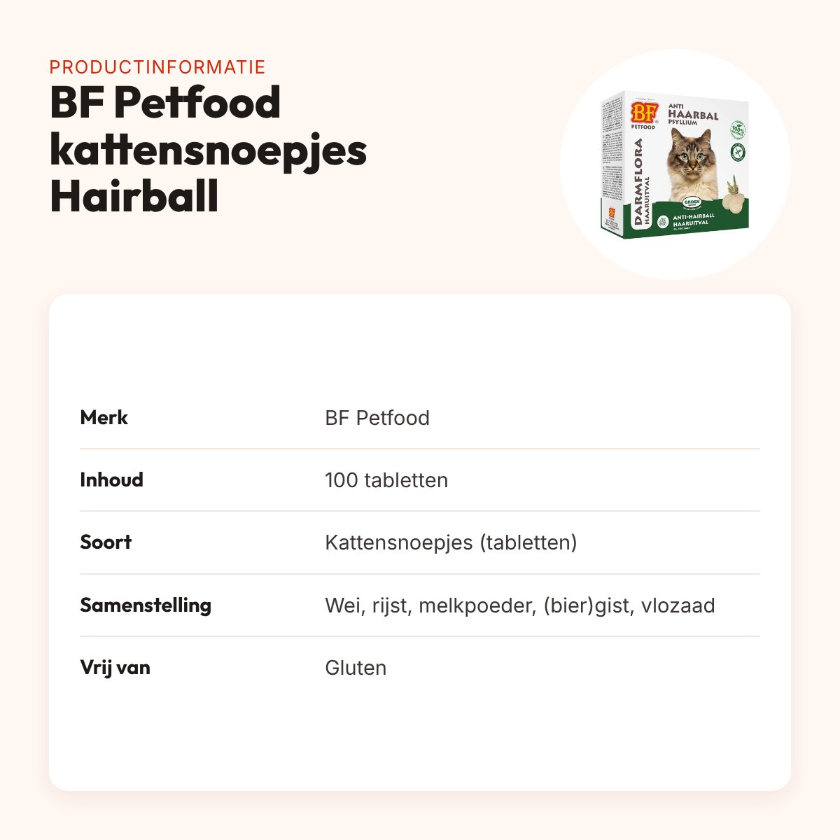 BF Petfood kattensnoepjes Hairball 100 stuks – gisttabletten, glutenvrij – productinformatie