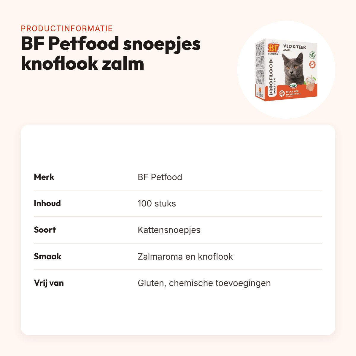BF Petfood kattensnoepjes knoflook zalm 100 stuks – glutenvrij – productinformatie