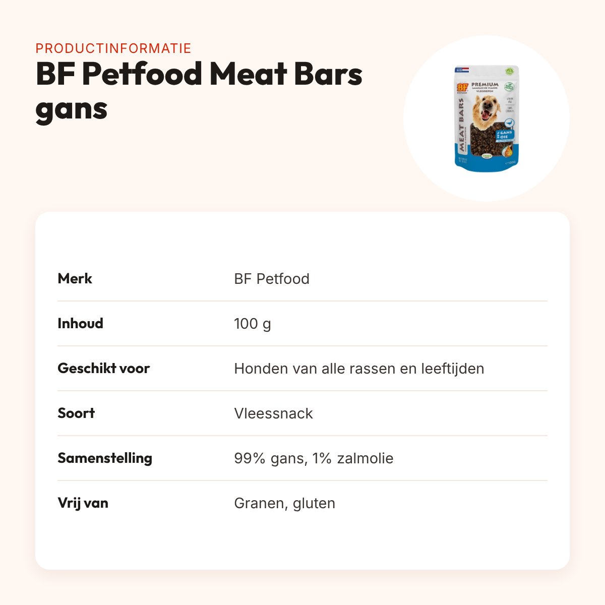 BF Petfood Meat Bars gans 100 g – graanvrije vleessnack voor honden – productinformatie