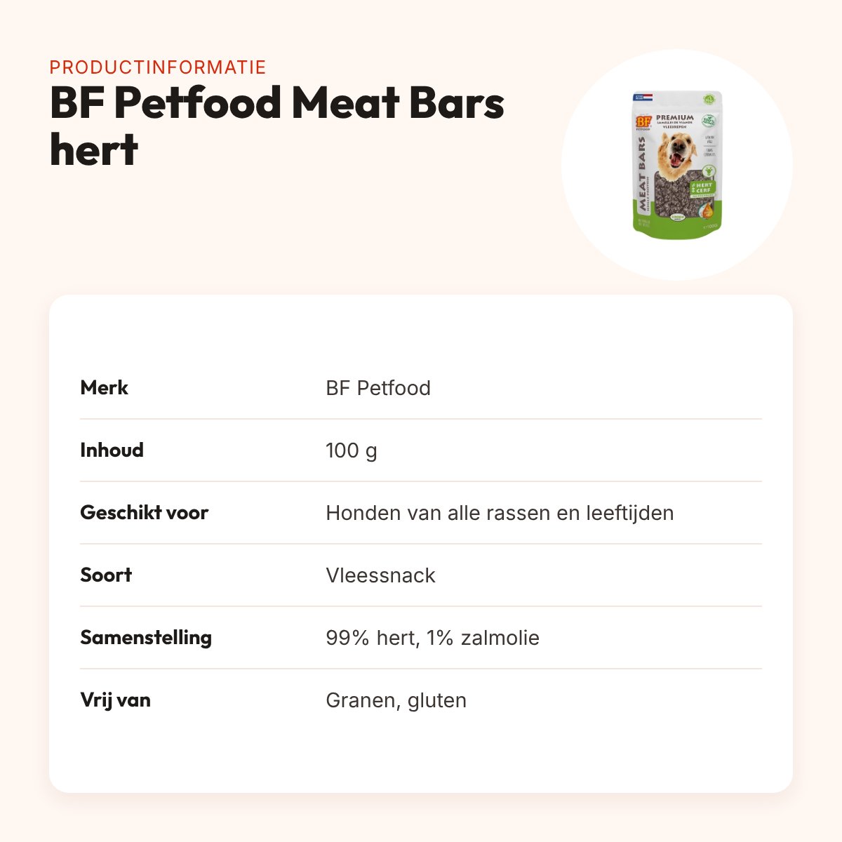BF Petfood Meat Bars hert 100 g – graanvrije vleessnack voor honden – productinformatie