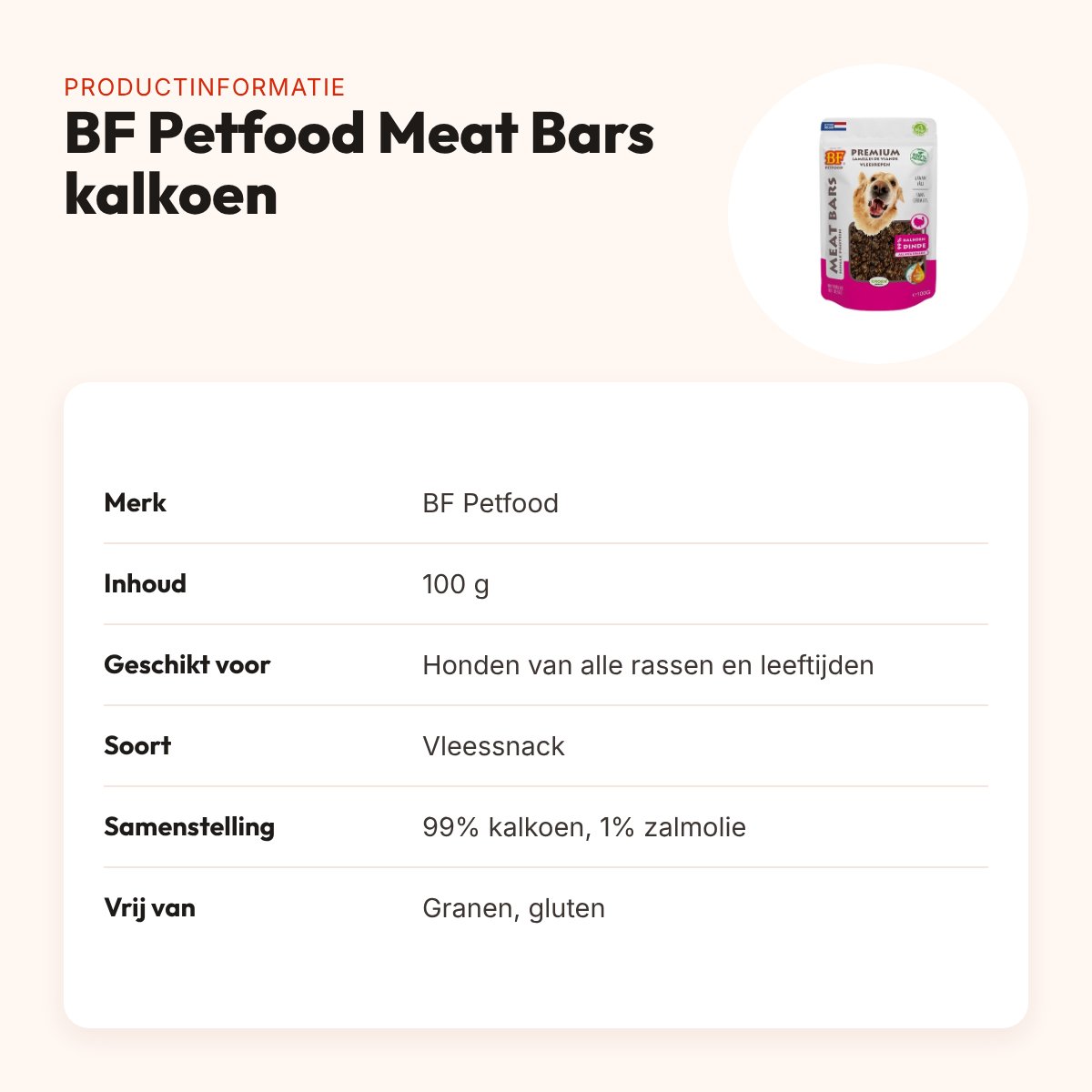 BF Petfood Meat Bars kalkoen 100 g – graanvrije vleessnack voor honden – productinformatie