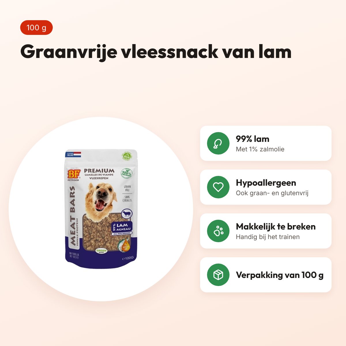 BF Petfood Meat Bars lam 100 g – graanvrije vleessnack voor honden – voordelen