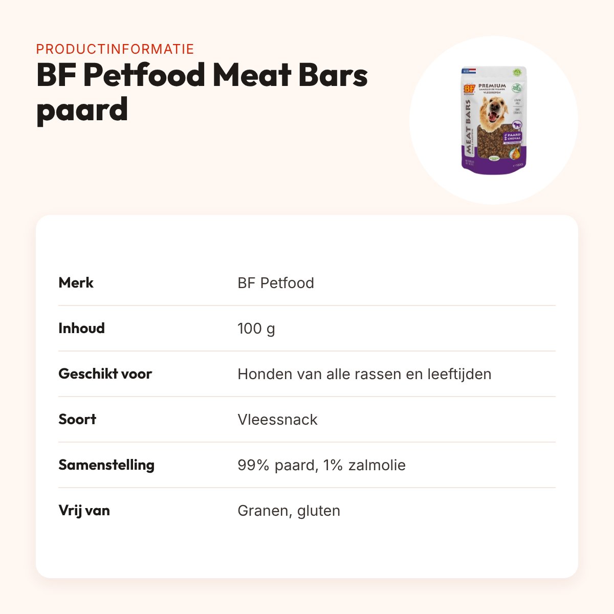 BF Petfood Meat Bars paard 100 g – graanvrije vleessnack voor honden – productinformatie