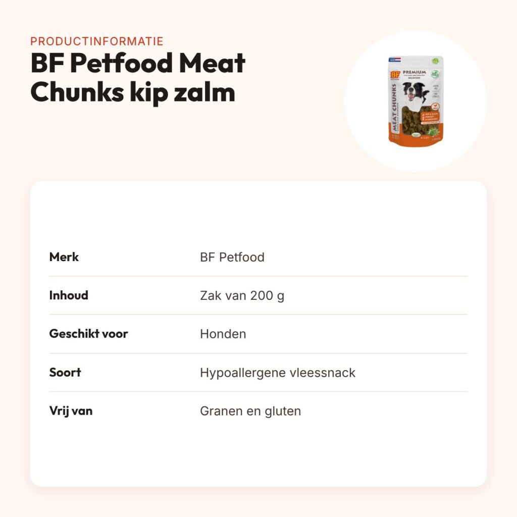 BF Petfood Meat Chunks kip en zalm 200 g – hypoallergene hondensnack – productinformatie