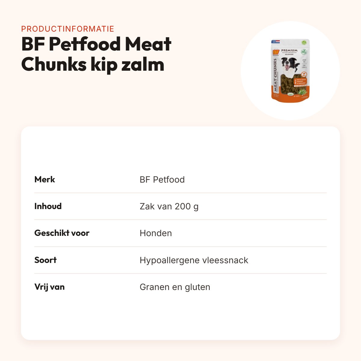 BF Petfood Meat Chunks kip en zalm 200 g – hypoallergene hondensnack – productinformatie