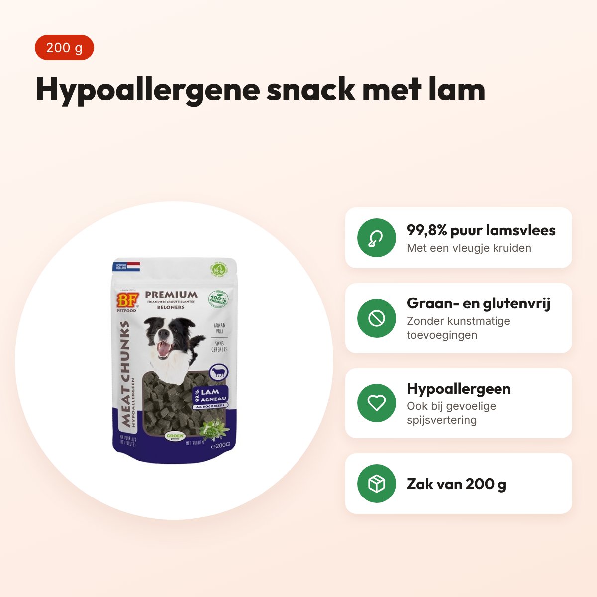 BF Petfood Meat Chunks lam 200 g – hypoallergene hondensnack – voordelen