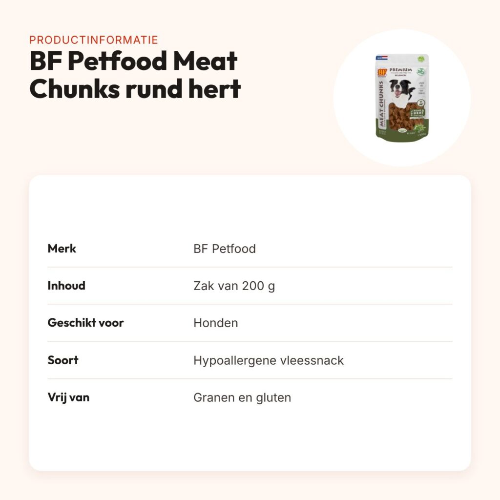 BF Petfood Meat Chunks rund en hert 200 g – hypoallergene hondensnack – productinformatie