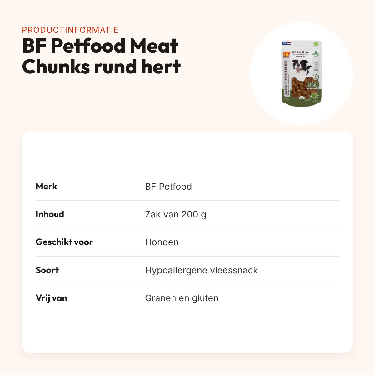 BF Petfood Meat Chunks rund en hert 200 g – hypoallergene hondensnack – productinformatie