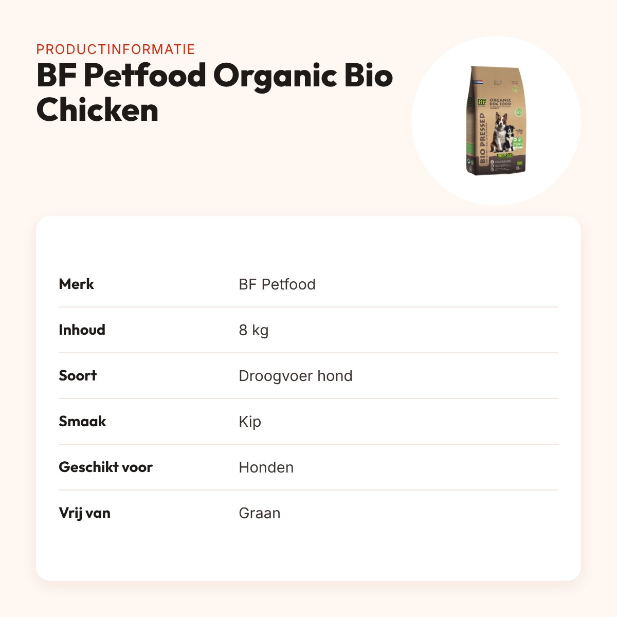 BF Petfood Organic hondenvoer Bio Chicken 8 kg – kip, graanvrij – productinformatie
