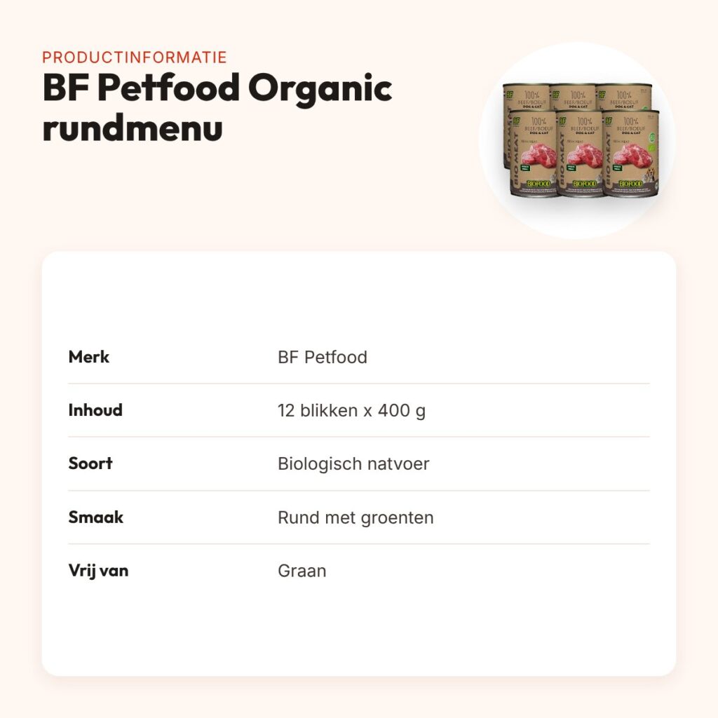 BF Petfood Organic hondenvoer rundmenu 12 x 400 g – biologisch blik – productinformatie