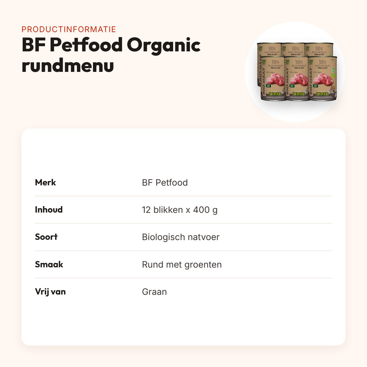 BF Petfood Organic hondenvoer rundmenu 12 x 400 g – biologisch blik – productinformatie