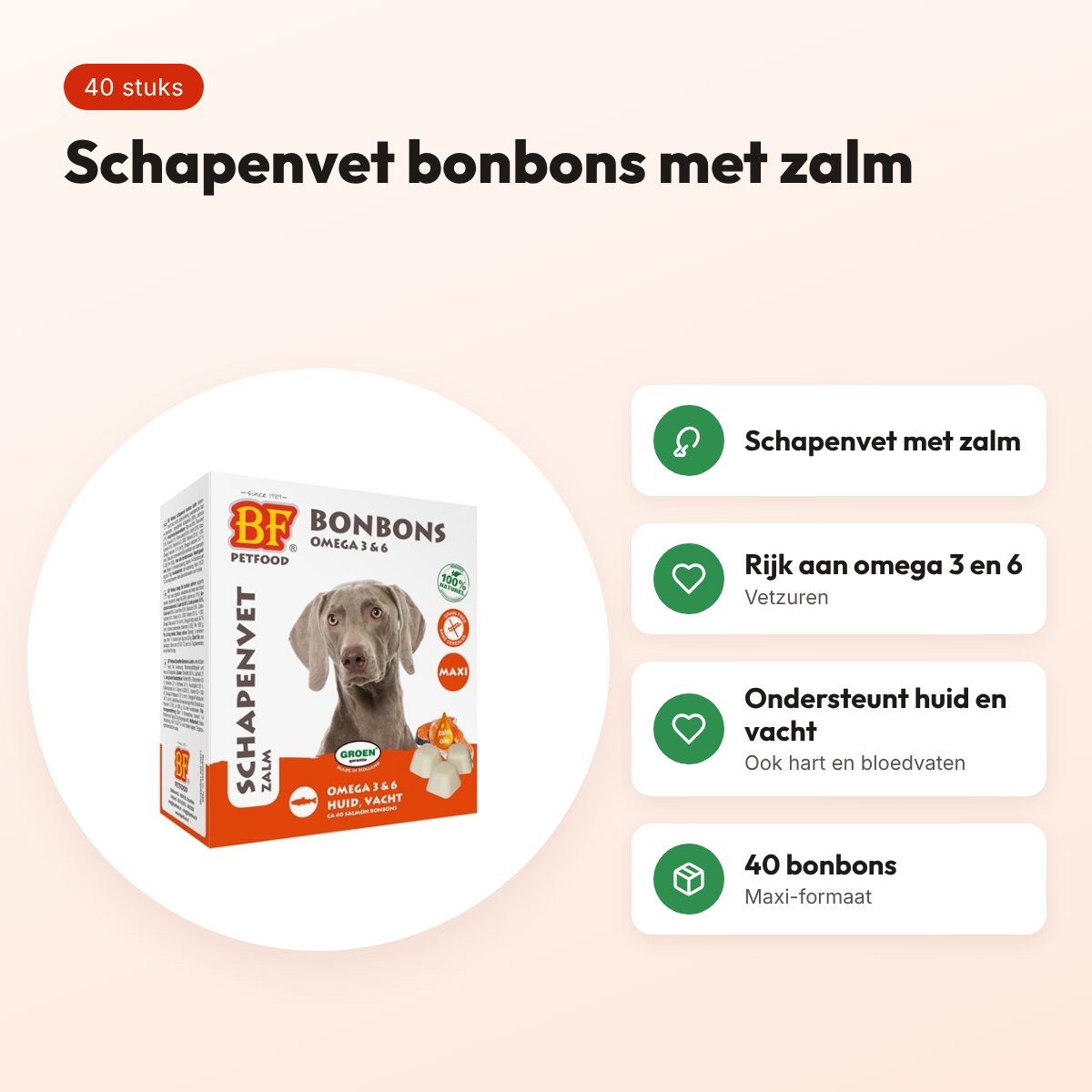 BF Petfood schapenvet bonbons Maxi zalm 40 stuks – voor honden – voordelen