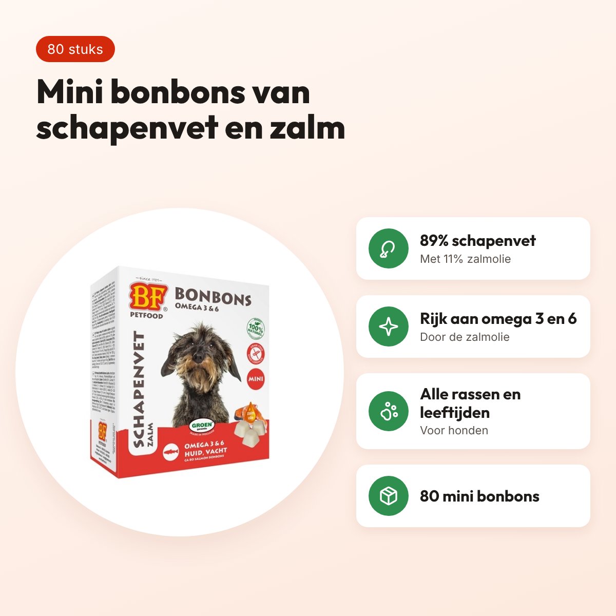 BF Petfood schapenvet mini bonbons zalm 80 stuks – voor honden – voordelen
