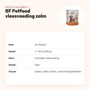 BF Petfood vleesvoeding zalm 630 g – glutenvrij, portieverpakking 7 x 90 g – productinformatie