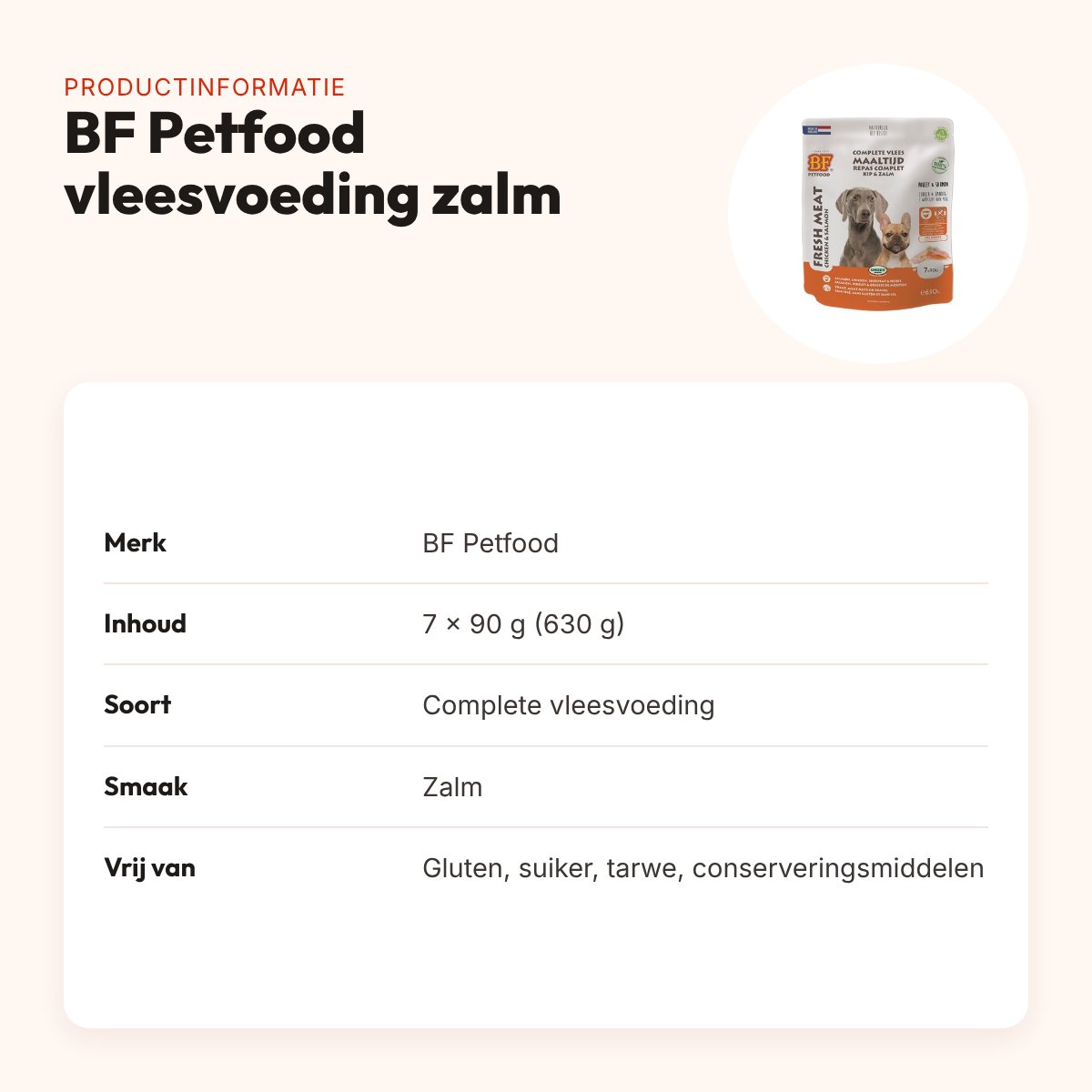 BF Petfood vleesvoeding zalm 630 g – glutenvrij, portieverpakking 7 x 90 g – productinformatie