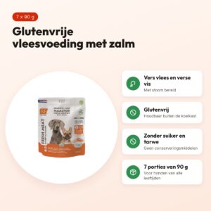BF Petfood vleesvoeding zalm 630 g – glutenvrij, portieverpakking 7 x 90 g – voordelen