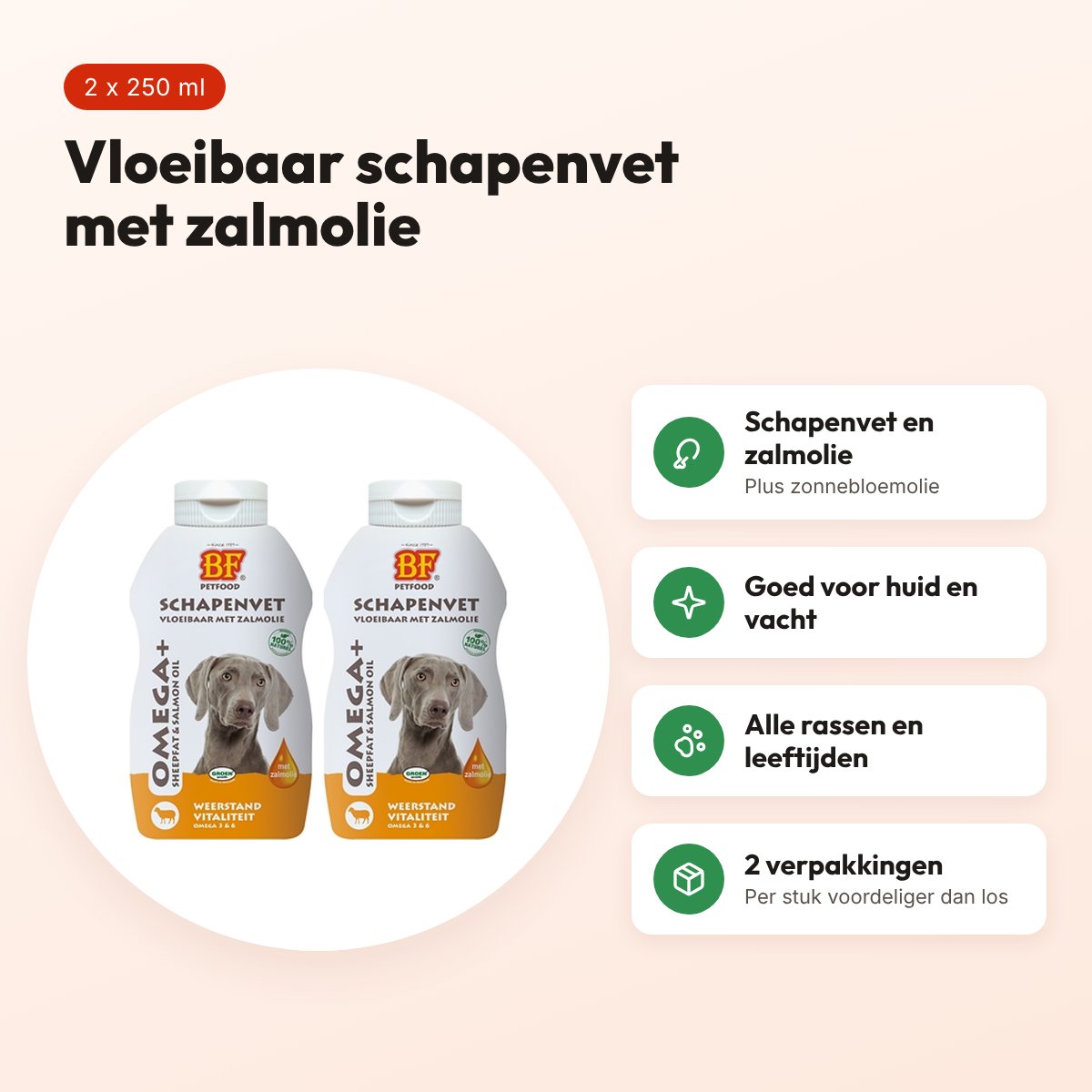 BF Petfood vloeibaar schapenvet met zalmolie 250 ml – multipack 2 stuks – voordelen
