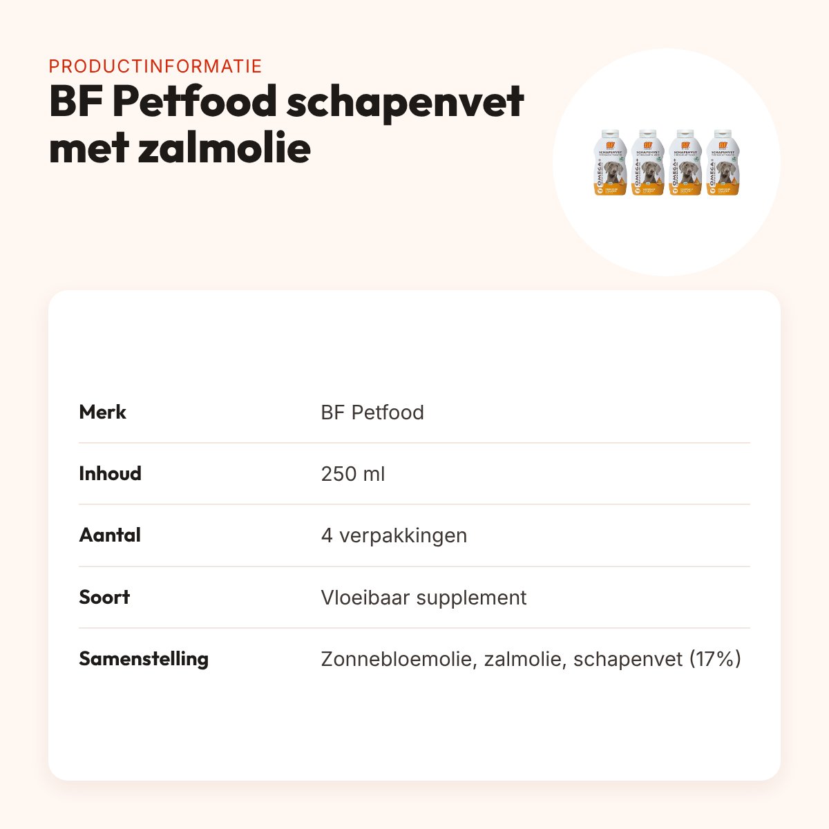 BF Petfood vloeibaar schapenvet met zalmolie 250 ml – multipack 4 stuks – productinformatie