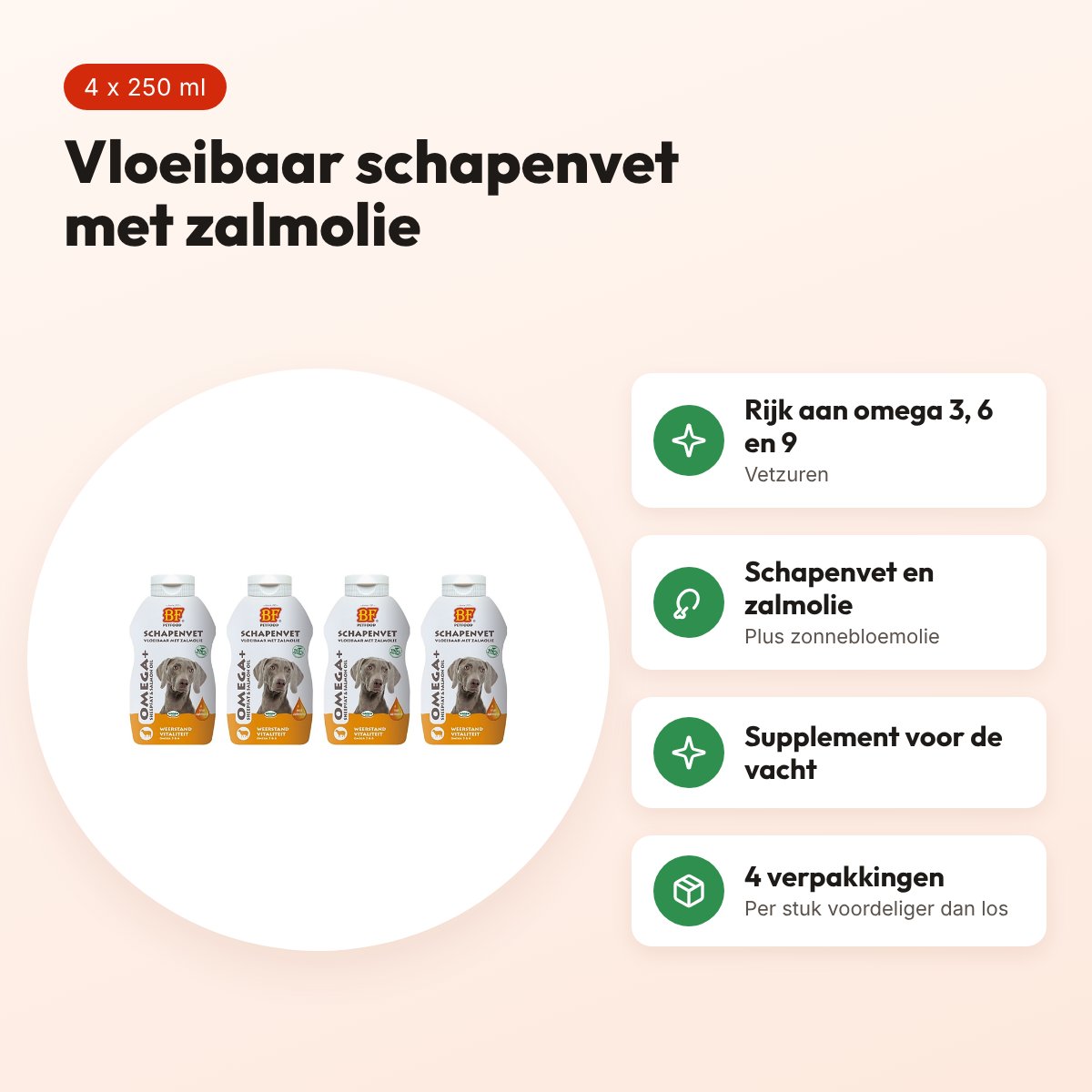 BF Petfood vloeibaar schapenvet met zalmolie 250 ml – multipack 4 stuks – voordelen