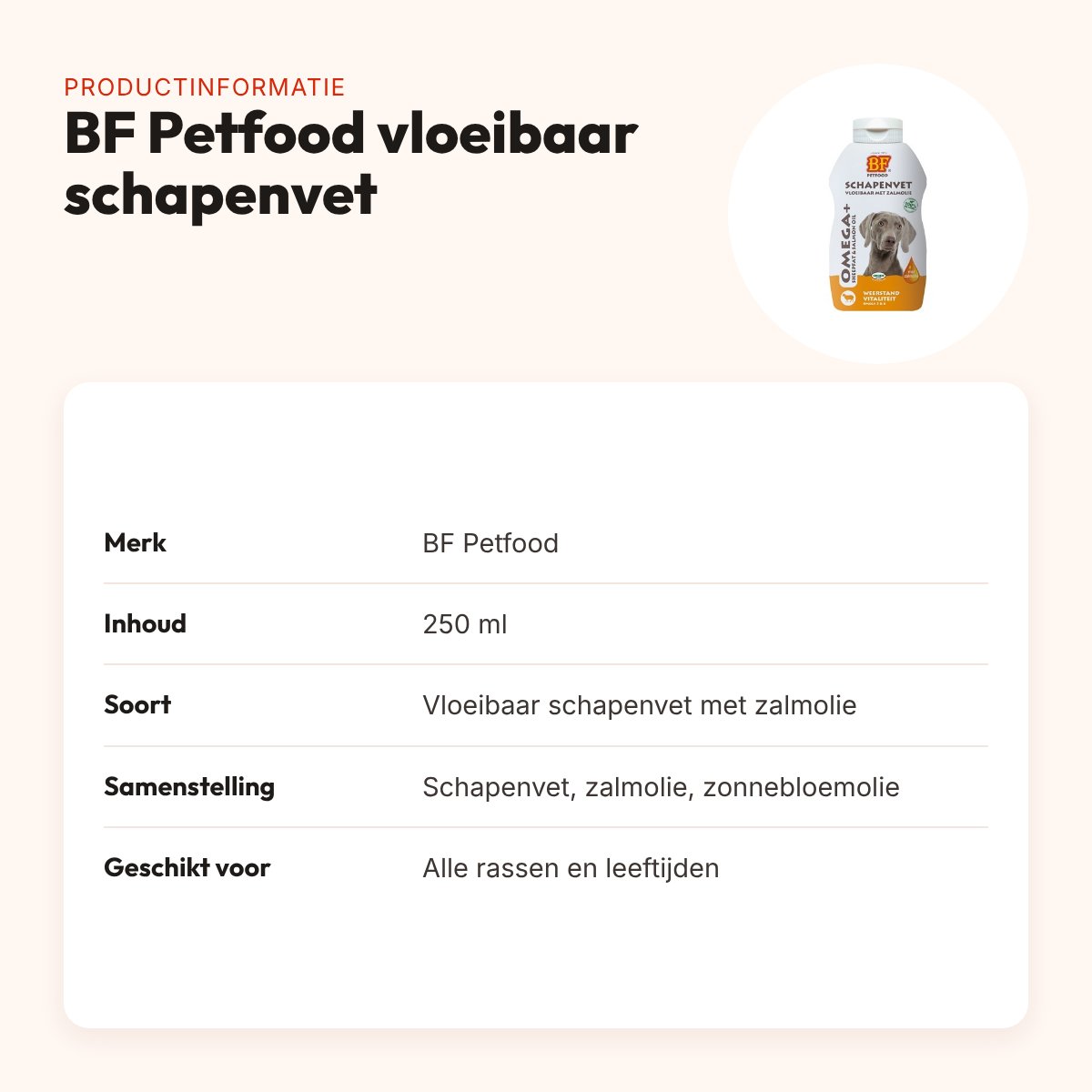 BF Petfood vloeibaar schapenvet met zalmolie 250 ml – voor honden – productinformatie