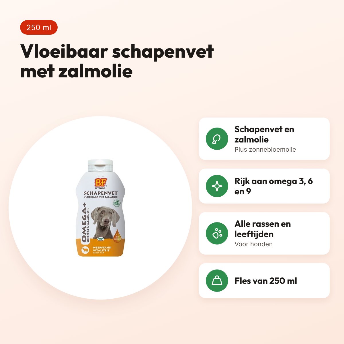 BF Petfood vloeibaar schapenvet met zalmolie 250 ml – voor honden – voordelen