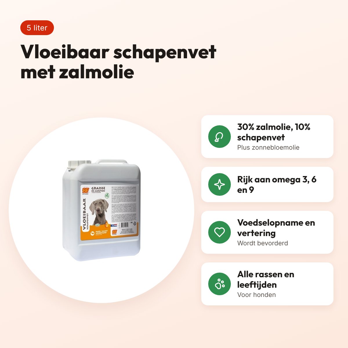 BF Petfood vloeibaar schapenvet met zalmolie 5 liter – voor honden – voordelen