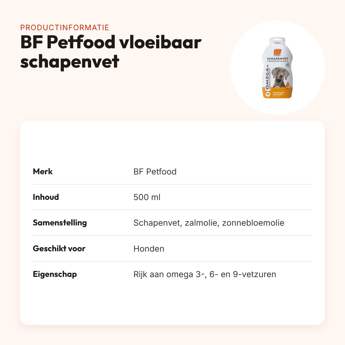 BF Petfood vloeibaar schapenvet met zalmolie 500 ml – voor honden – productinformatie