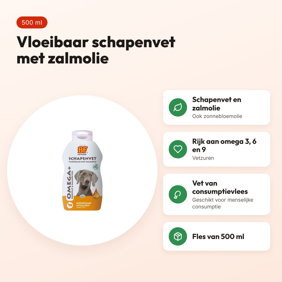 BF Petfood vloeibaar schapenvet met zalmolie 500 ml – voor honden – voordelen