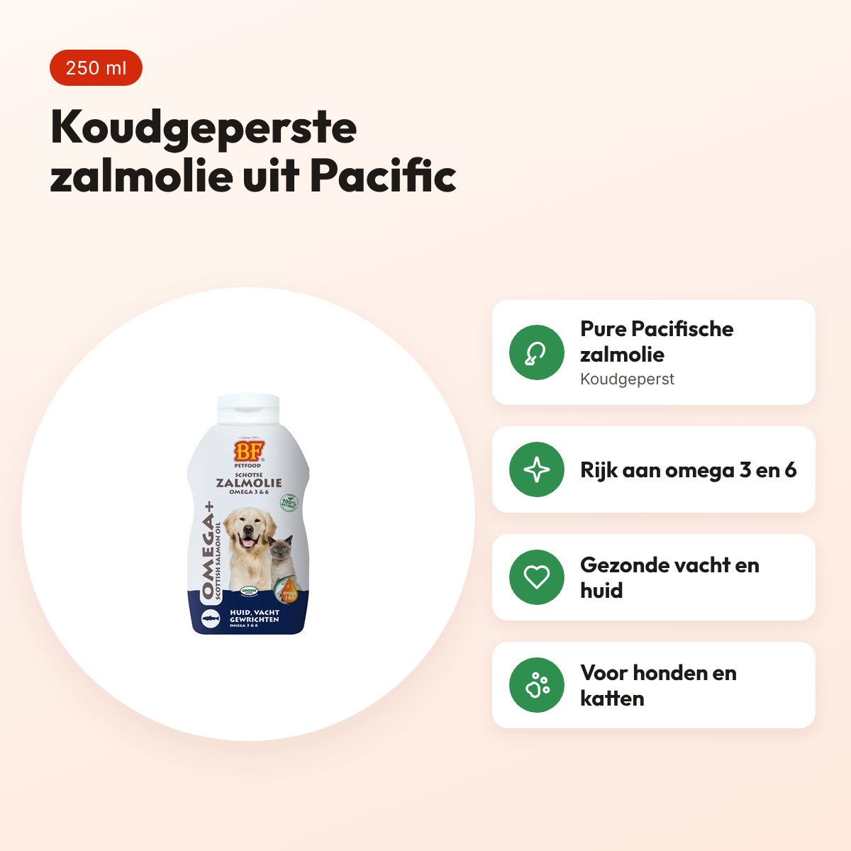 BF Petfood zalmolie 250 ml – koudgeperst, voor hond en kat – voordelen